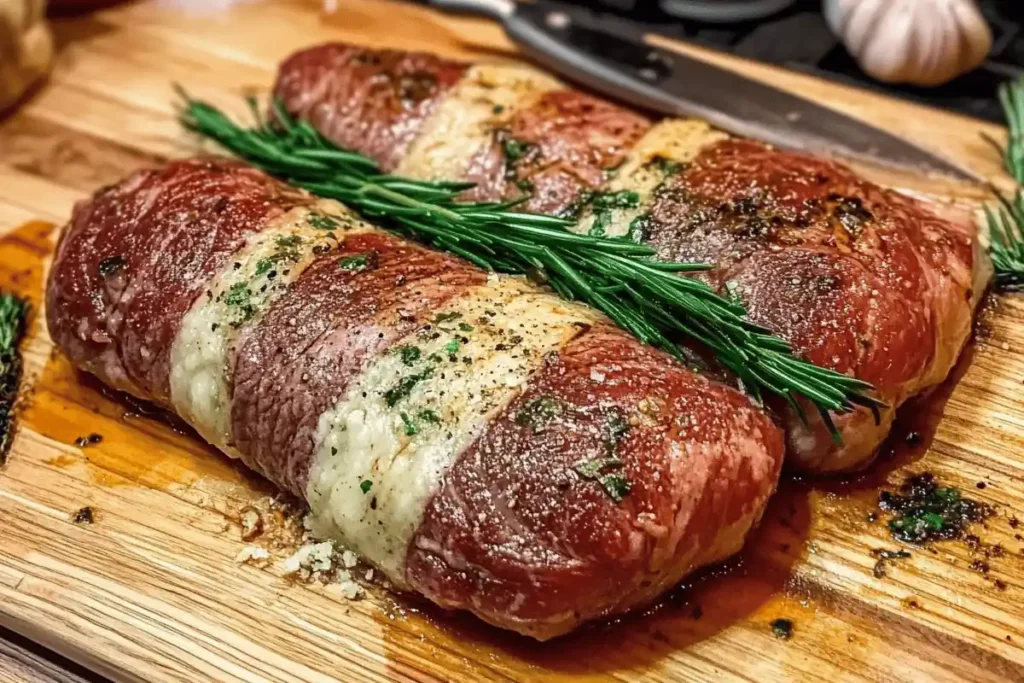 A raw beef chuck roll cut into sections, showcasing its marbled texture, displayed on a wooden cutting board with fresh herbs, garlic cloves, and a sharp chef’s knife nearby.