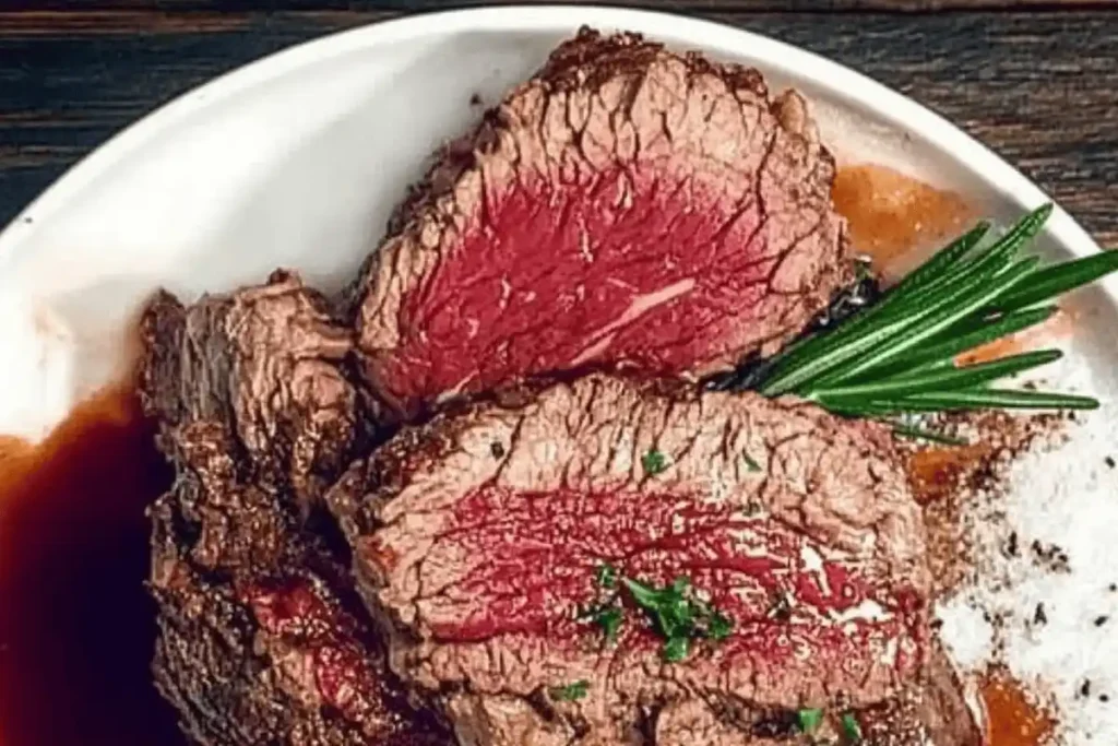 A close-up of a beef chuck roll, neatly sliced to reveal its rich marbling, placed on a cutting board surrounded by fresh rosemary, garlic cloves, and a knife, ready for preparation.