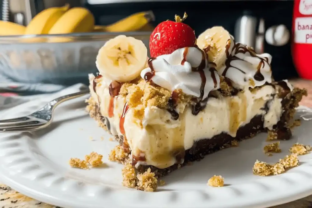 "A vibrant Banana Split Pie topped with whipped cream, maraschino cherries, chocolate drizzle, and chopped nuts, served on a rustic wooden table."