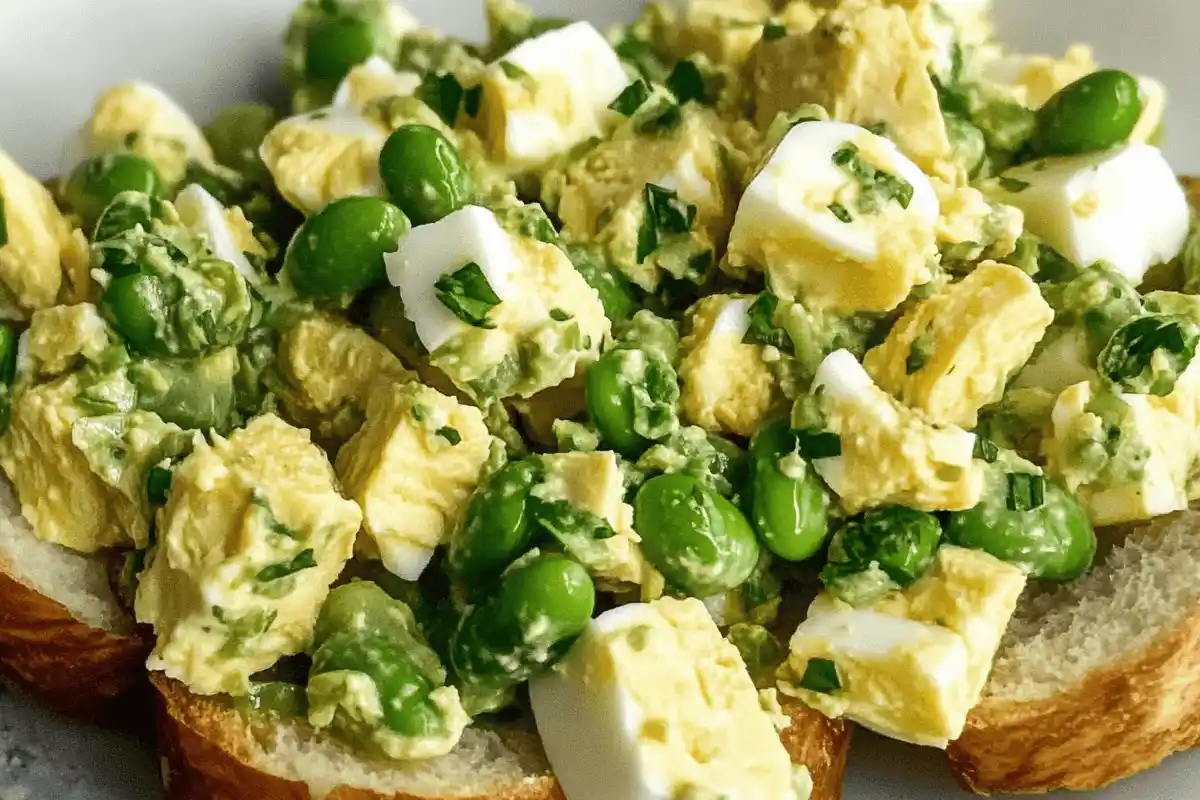 "Fresh edamame egg salad served in a bowl, garnished with cherry tomatoes and herbs for a vibrant presentation."