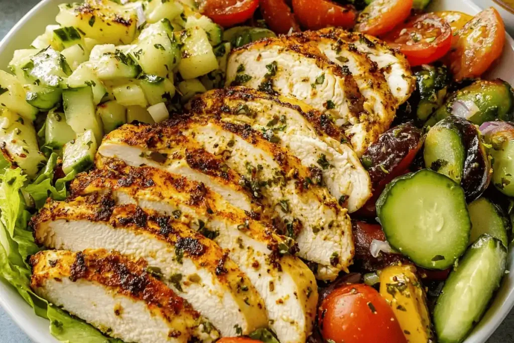 Mediterranean chicken salad with grilled chicken, cherry tomatoes, olives, and feta."