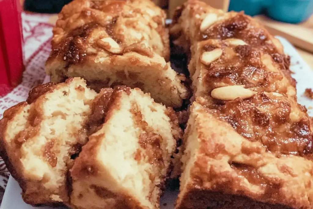 A freshly baked loaf of apple pie bread on a wooden cutting board, dusted with powdered sugar and surrounded by fresh apples and cinnamon sticks