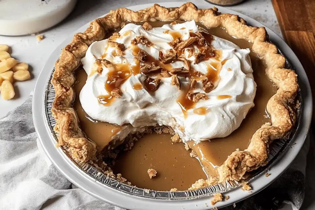 A perfectly set caramel pie with a golden, flaky crust, topped with a dollop of whipped cream and a sprinkle of sea salt, served on a white plate with a fork and a rustic background.