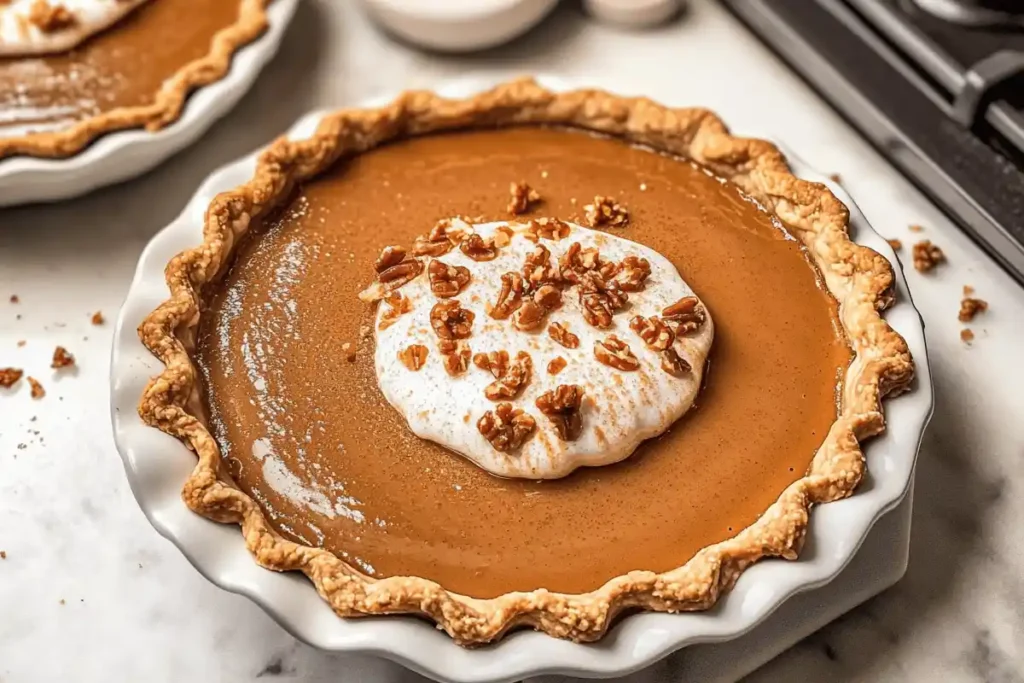 A rich caramel pie with a smooth, glossy filling, nestled in a golden, flaky crust, garnished with whipped cream and a sprinkle of sea salt, displayed on a rustic wooden table with a pie server beside it.
