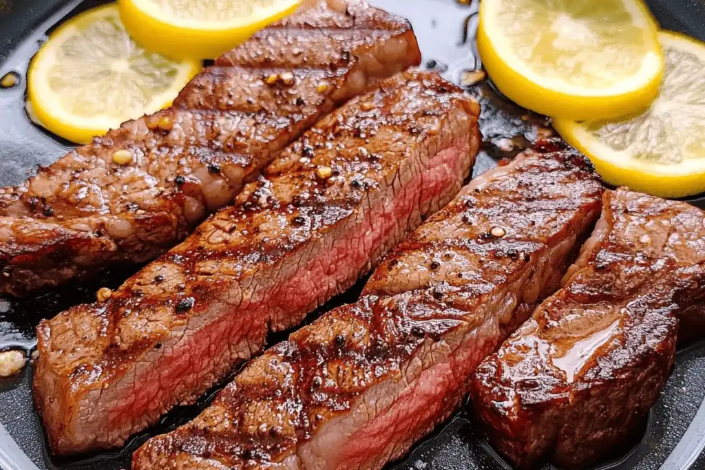 A perfectly cooked sirloin tip steak sliced against the grain, surrounded by roasted vegetables and a garnish of fresh herbs, placed on a rustic wooden platter