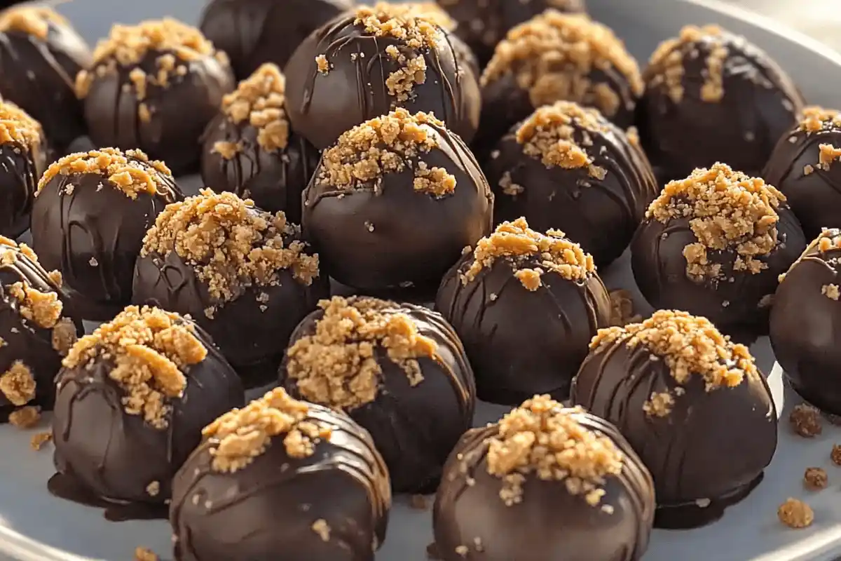 A plate of Butterfinger Balls dipped in smooth chocolate, with a rich, crunchy peanut butter and Butterfinger candy center.