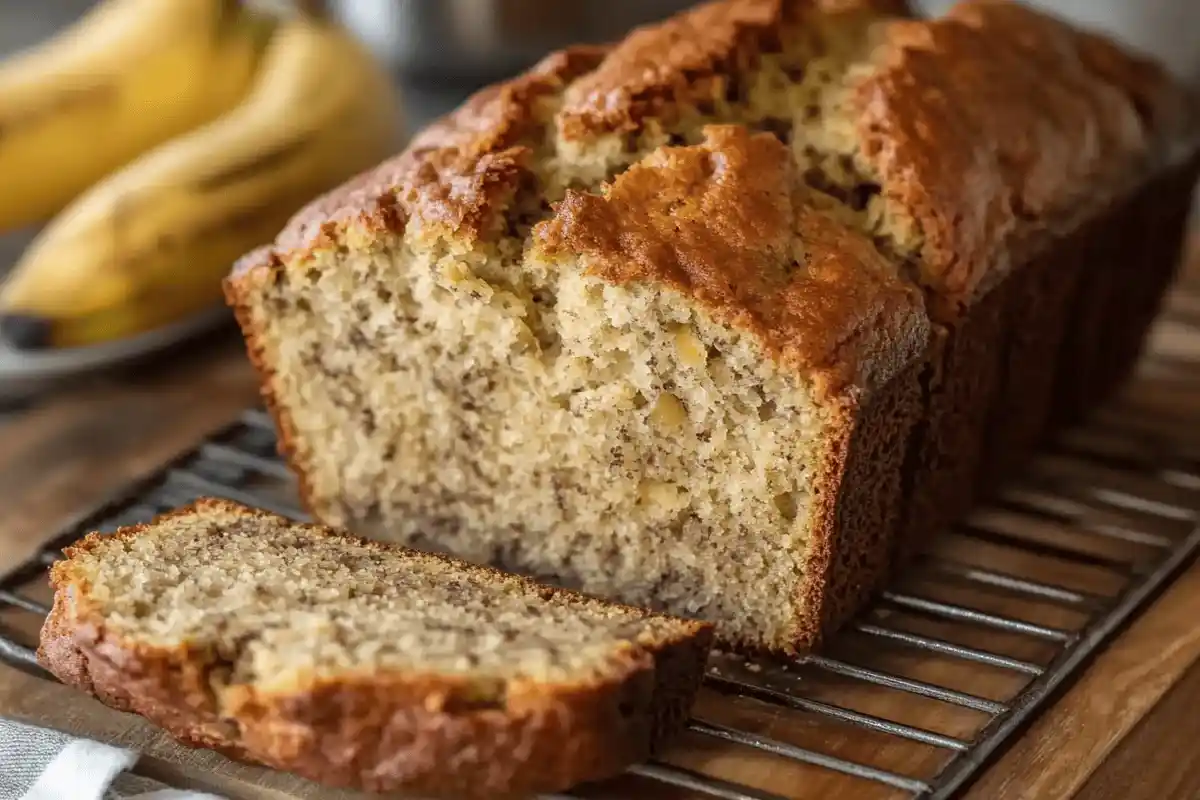 A loaf of golden-brown banana bread sliced to reveal its moist and fluffy texture, surrounded by fresh bananas and a rustic kitchen setting.