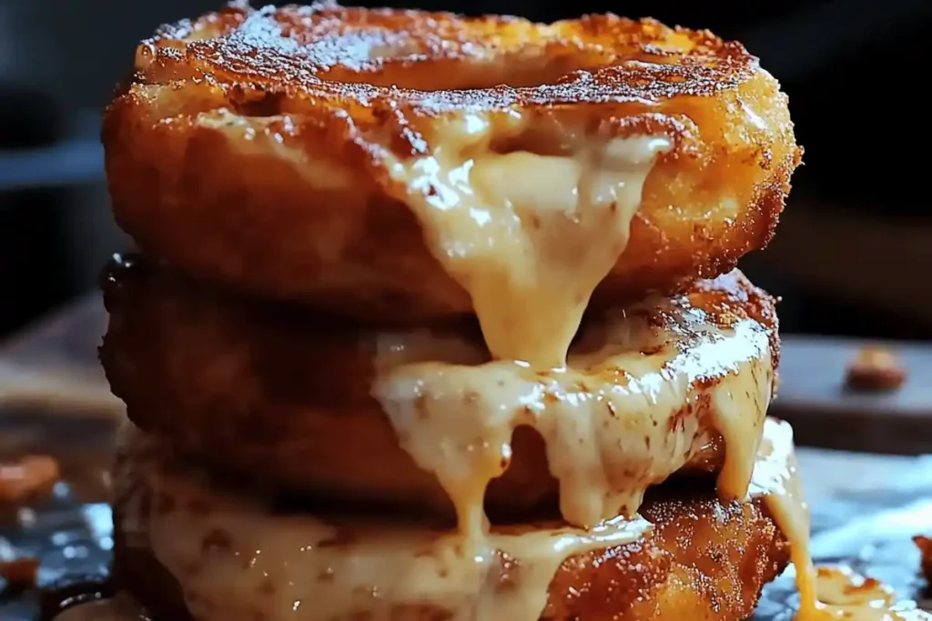 "A golden-brown grilled cheese donut cut in half, revealing melted cheese oozing between the layers of a glazed donut, served on a white plate."