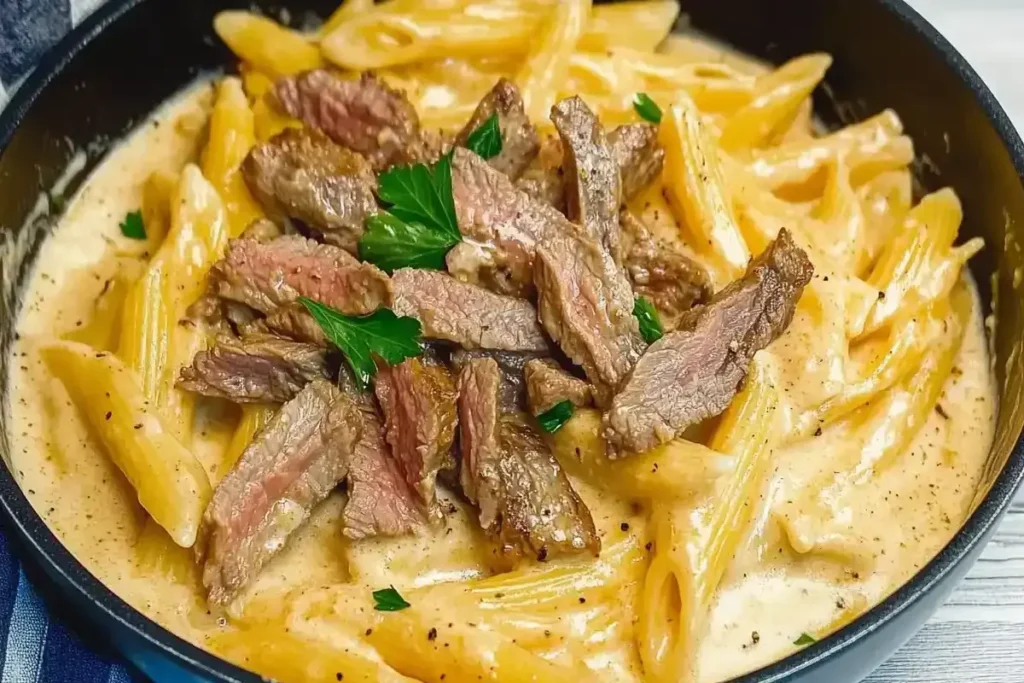 A bowl of creamy steak pasta featuring tender slices of seared steak atop al dente