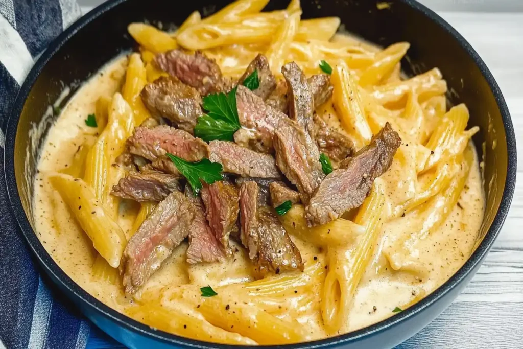 A bowl of creamy steak pasta featuring tender slices of seared steak atop al dente pasta coated in a rich, creamy sauce, garnished with fresh parsley and Parmesan cheese, served on a rustic wooden table.