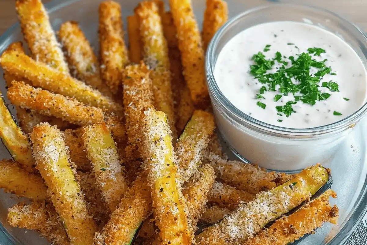 A plate of crispy baked Parmesan zucchini fries served with marinara sauce and garnished with parsley.