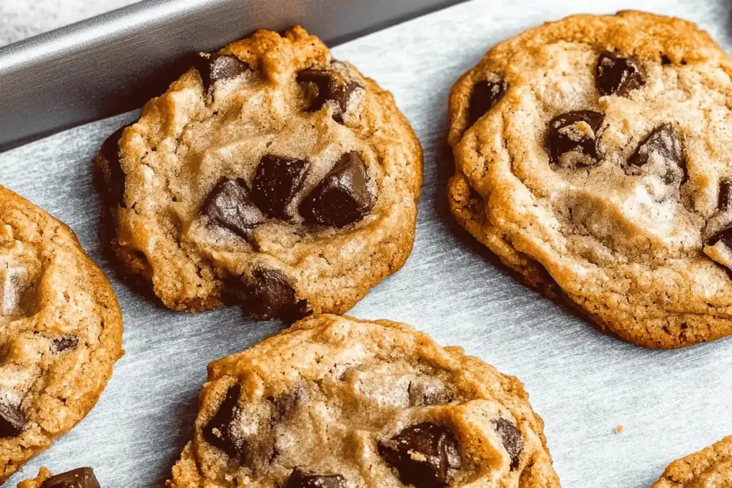 A close-up of perfectly baked chocolate chip cookies with golden-brown edges and gooey chocolate centers, arranged on a rustic wooden table.