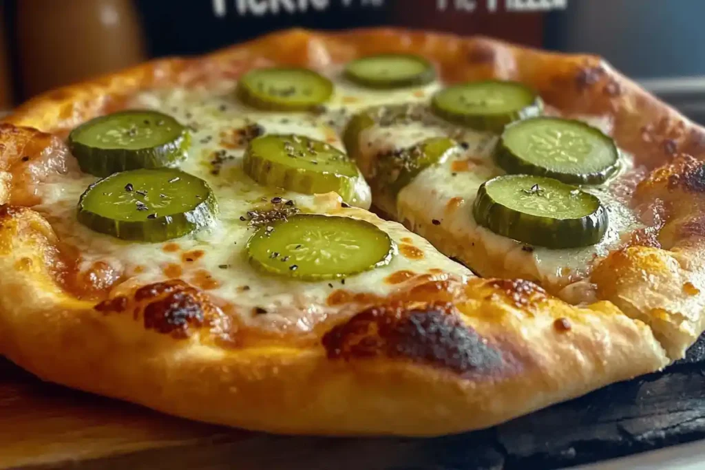 "A freshly baked pickle pie pizza topped with sliced dill pickles, melted mozzarella cheese, and garnished with fresh dill on a wooden board."