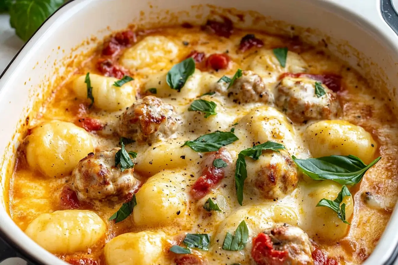 "Slow-cooked Tuscan chicken meatballs with creamy sauce, served alongside tender gnocchi and fresh herbs."