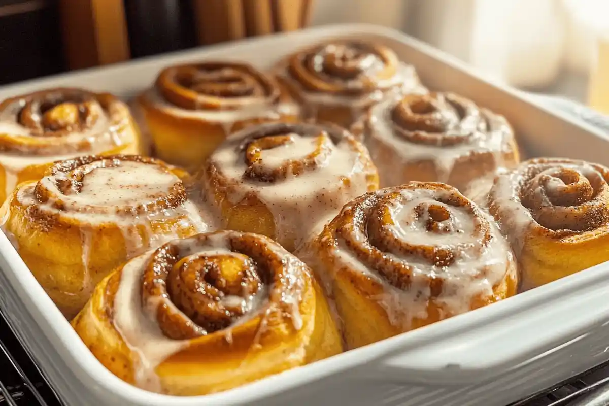 "Freshly baked cinnamon rolls with golden-brown tops, drizzled with creamy white icing, served on a rustic wooden tray."