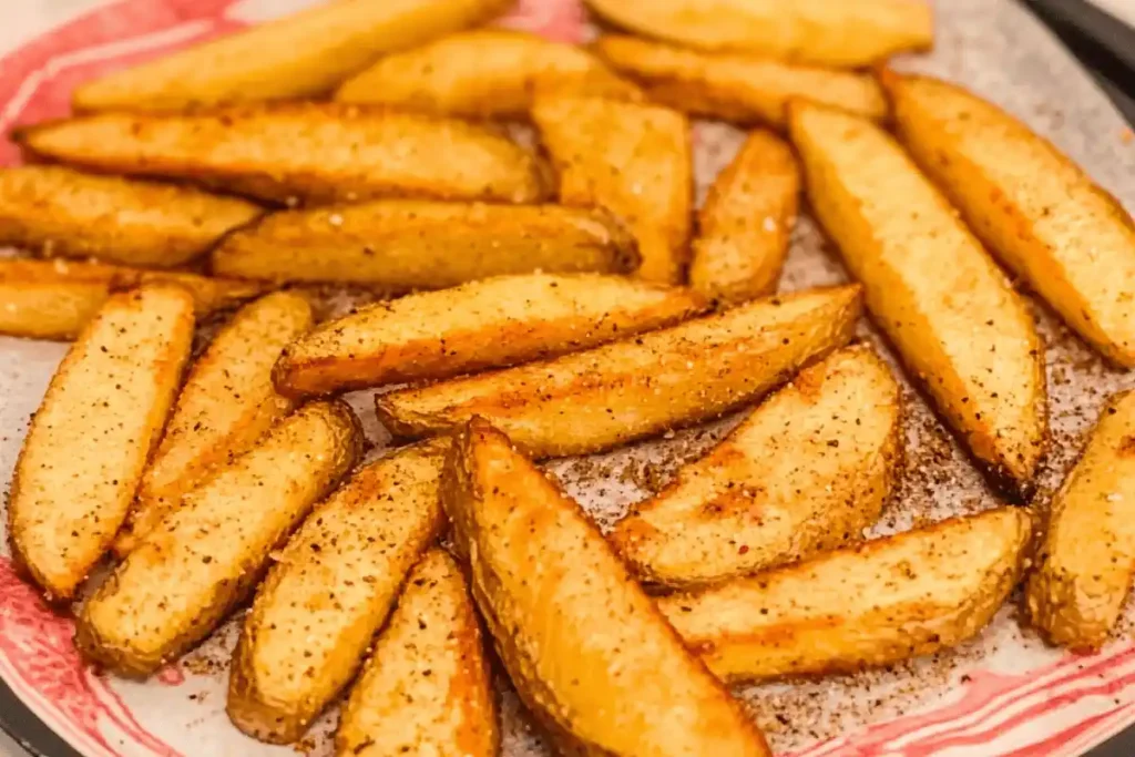 "Fresh potatoes being cut into thick steak fries for homemade preparation."