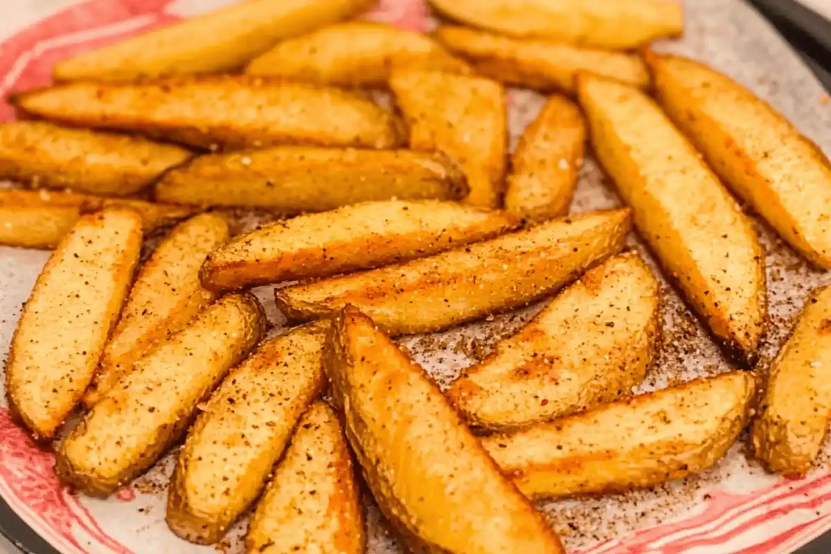 "Fresh potatoes being cut into thick steak fries for homemade preparation."