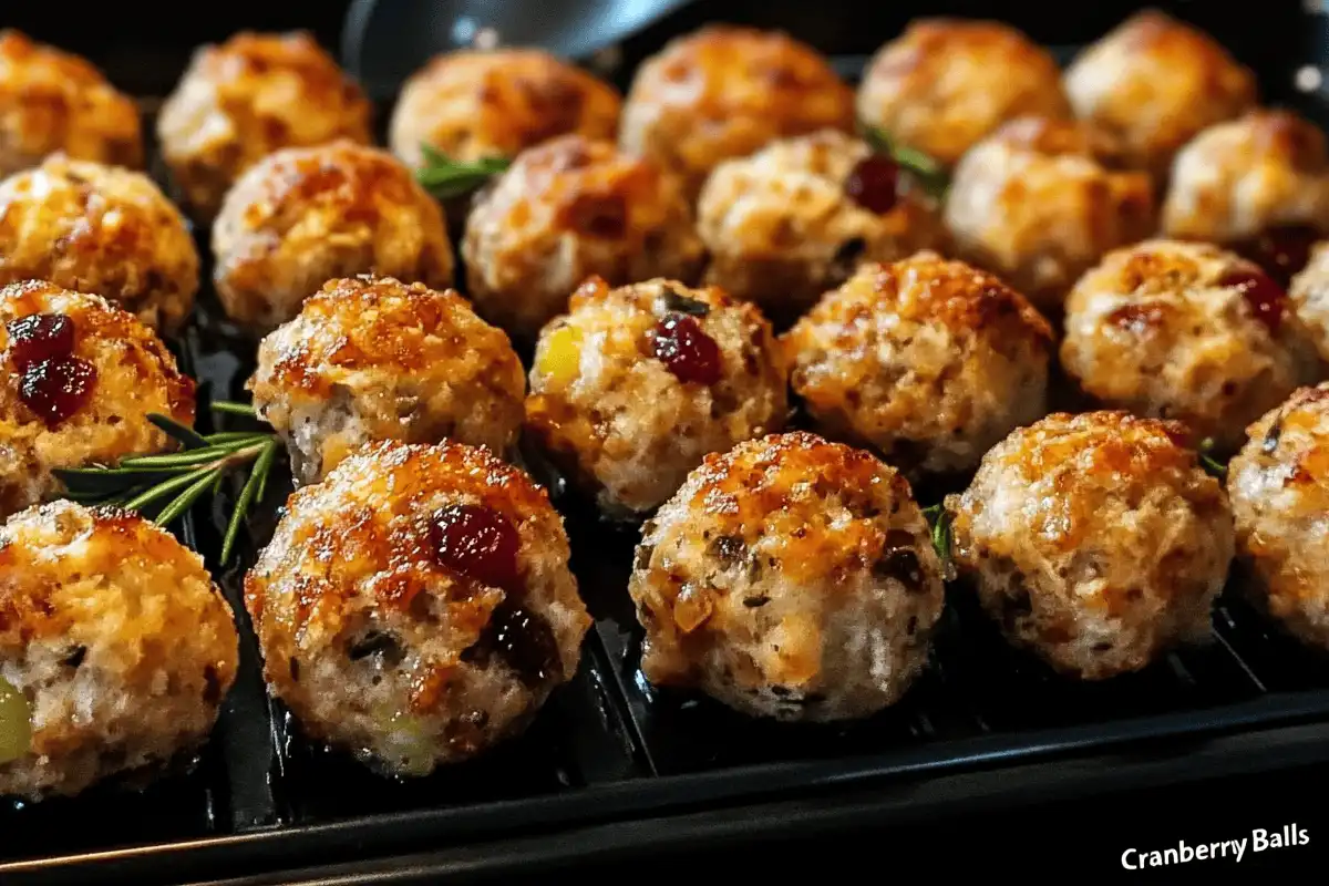 Plate of cranberry stuffing balls garnished with fresh herbs and cranberries, served on a festive holiday table