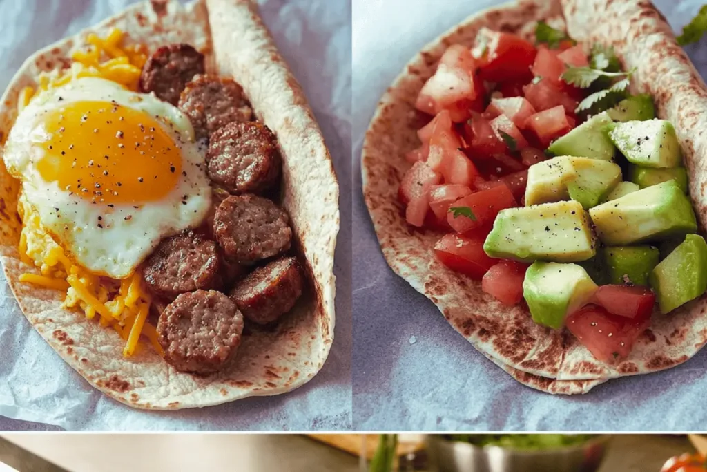 "Side-by-side comparison of a traditional egg burrito and a healthy version."