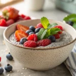 "Chia seed pudding topped with fresh berries and mint"