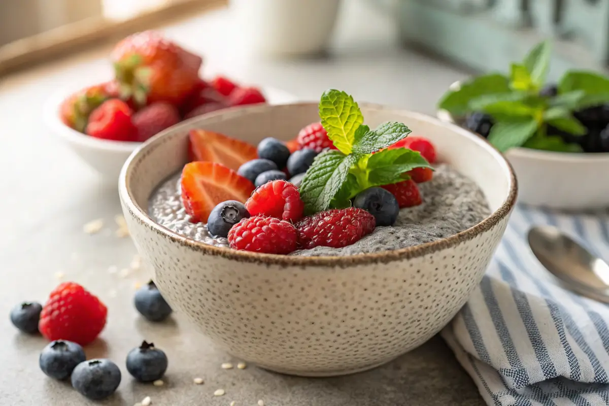 "Chia seed pudding topped with fresh berries and mint"