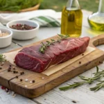 A raw deer backstrap on a cutting board with herbs and garlic.