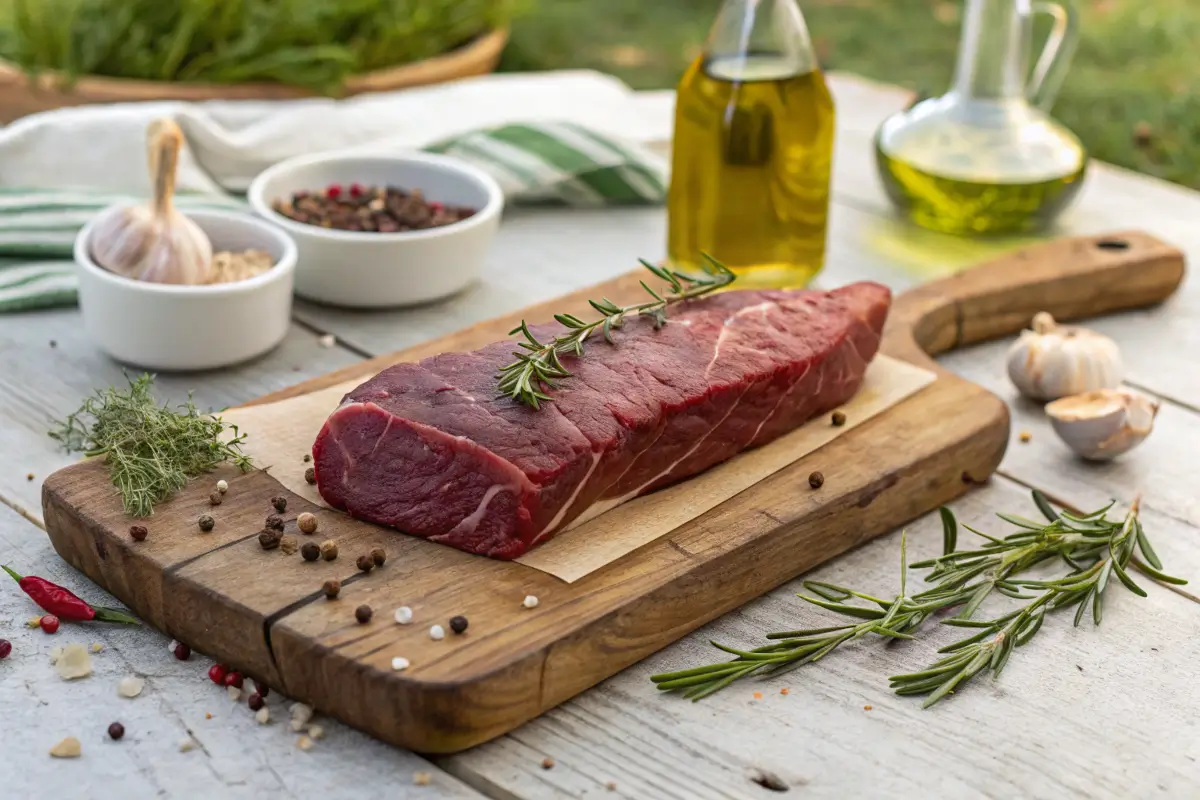 A raw deer backstrap on a cutting board with herbs and garlic.