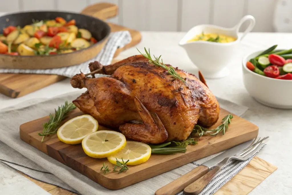 "Cooked rotisserie chicken served with lemon slices, herbs, and vegetables."