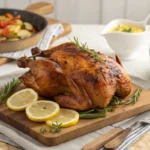 "Cooked rotisserie chicken served with lemon slices, herbs, and vegetables."