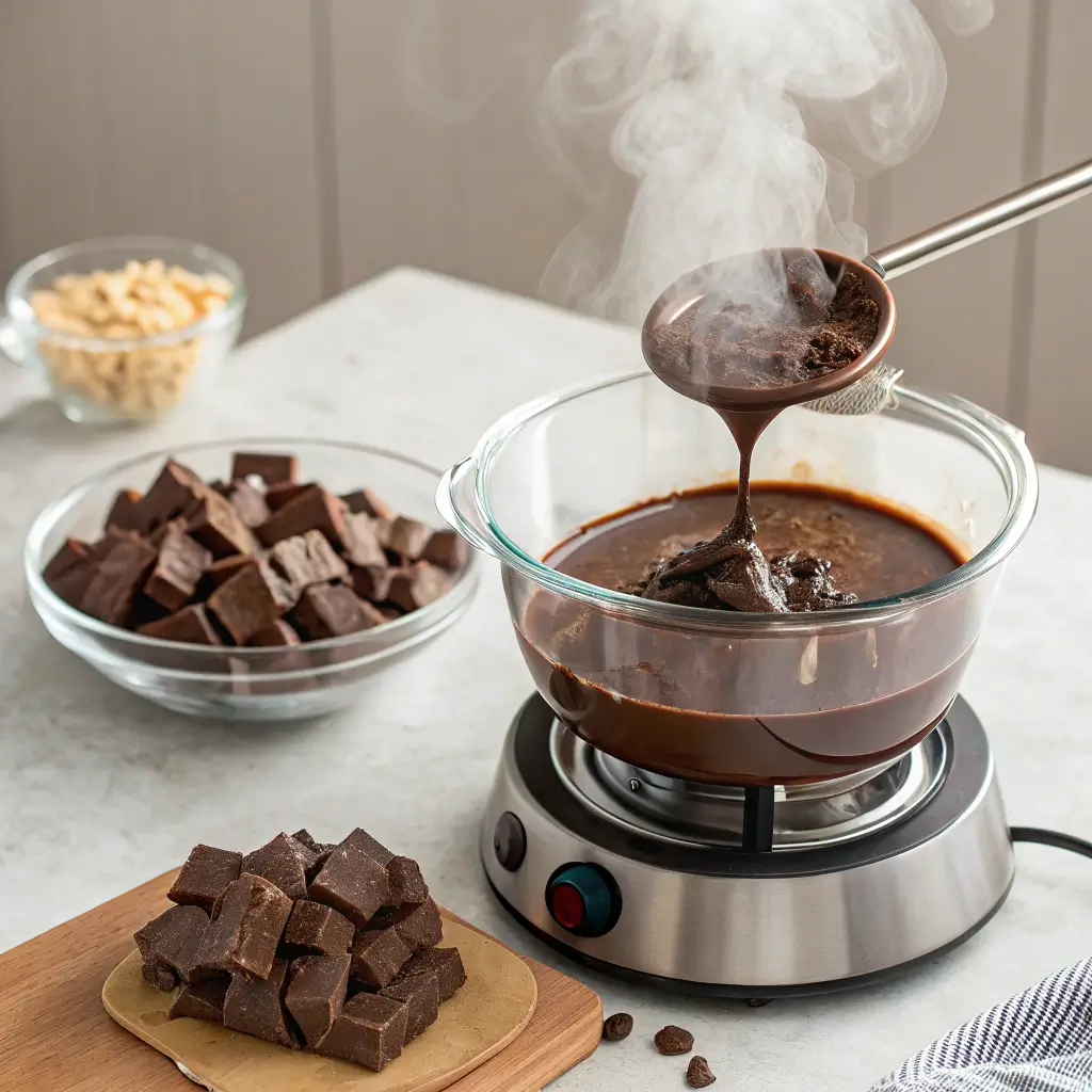 "Step-by-step double boiler setup for melting chocolate, with a glass bowl over a pot of simmering water."