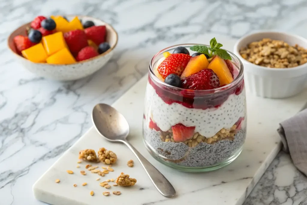 "Layered chia seed pudding parfait with granola and fruits"