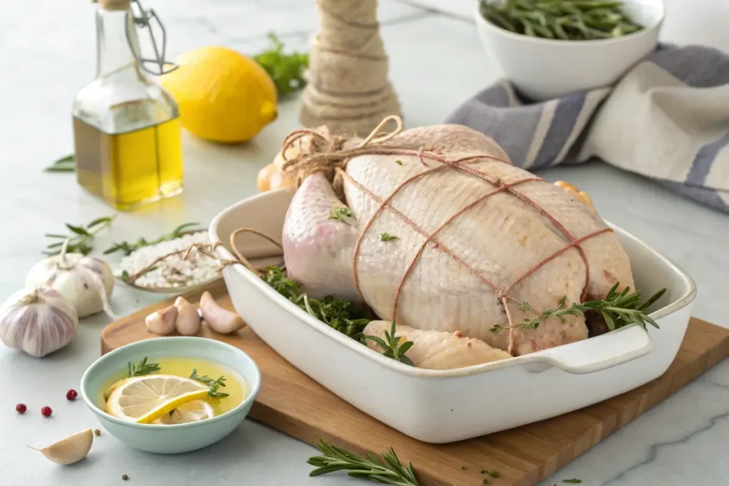  "Raw chicken stuffed with herbs, garlic, and lemon, ready for rotisserie cooking."