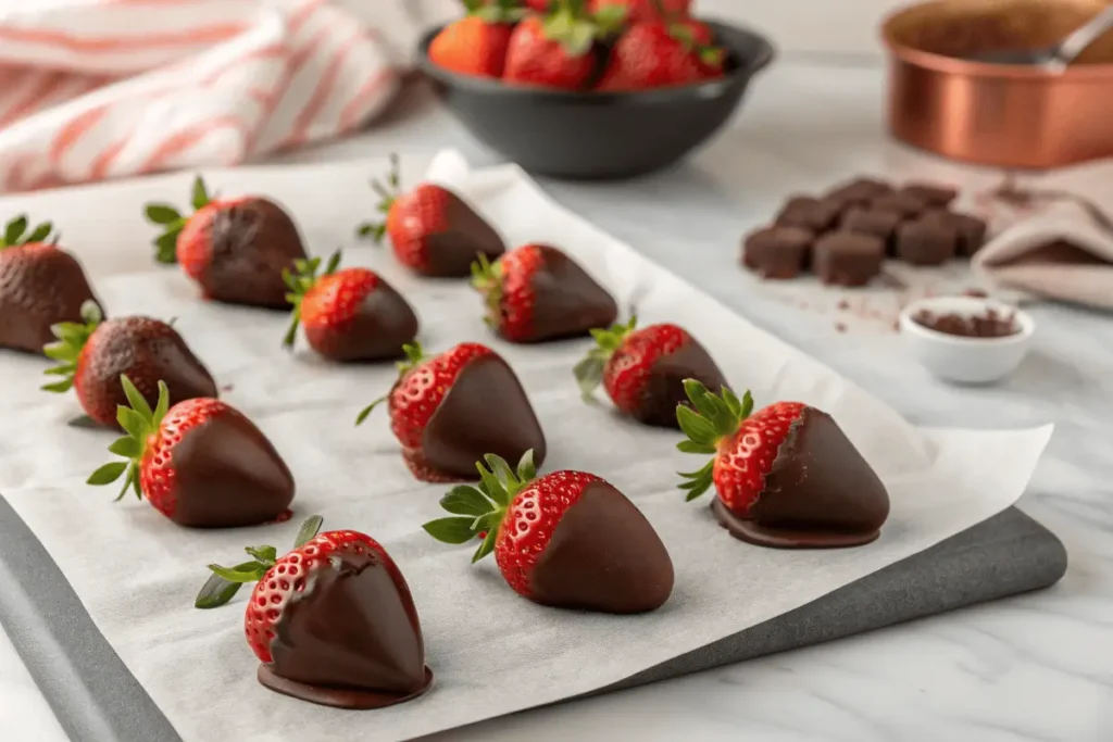 "Chocolate-dipped strawberries cooling on parchment paper with a glossy finish, arranged on a countertop."