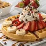 "Waffle topped with scoops of vanilla ice cream, chocolate drizzle, whipped cream, and nuts."