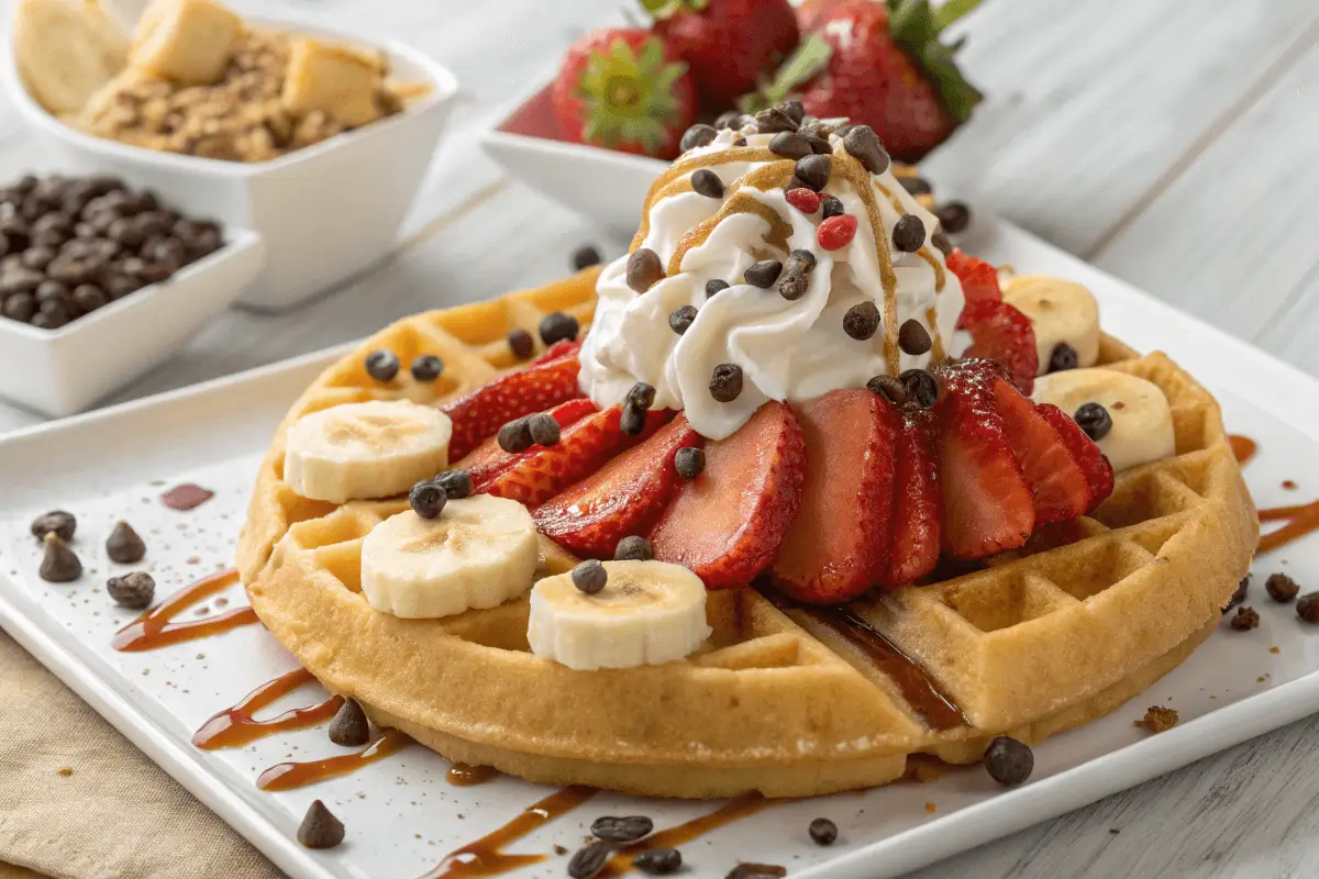 "Waffle topped with scoops of vanilla ice cream, chocolate drizzle, whipped cream, and nuts."