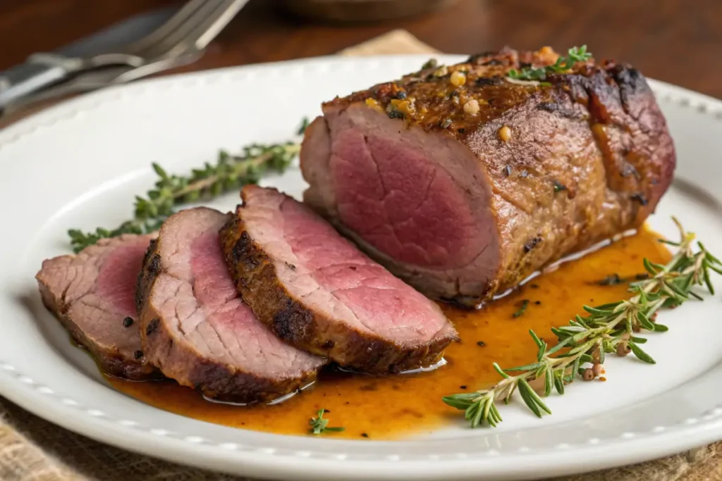 Sliced tender venison backstrap served on a white plate with herbs and sauce.