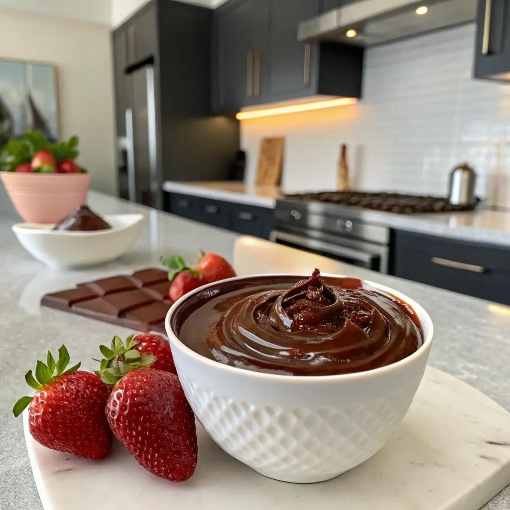 "Glossy couverture chocolate bars on a wooden board, perfect for dipping."