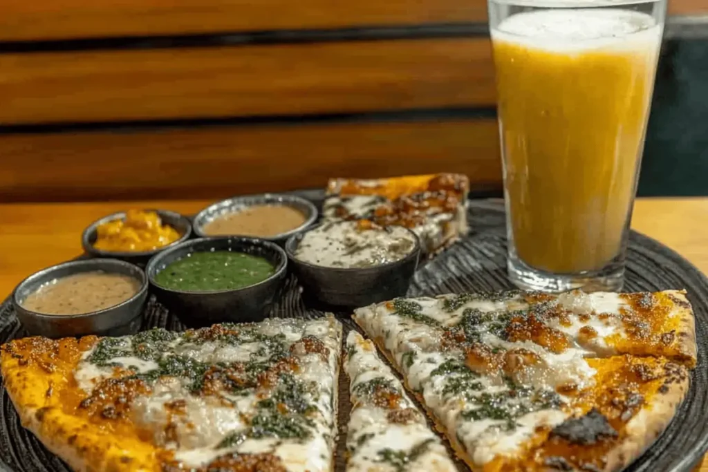 Desi pizza cooking in a traditional tandoor oven with visible flames, golden crust, and smoky aroma.