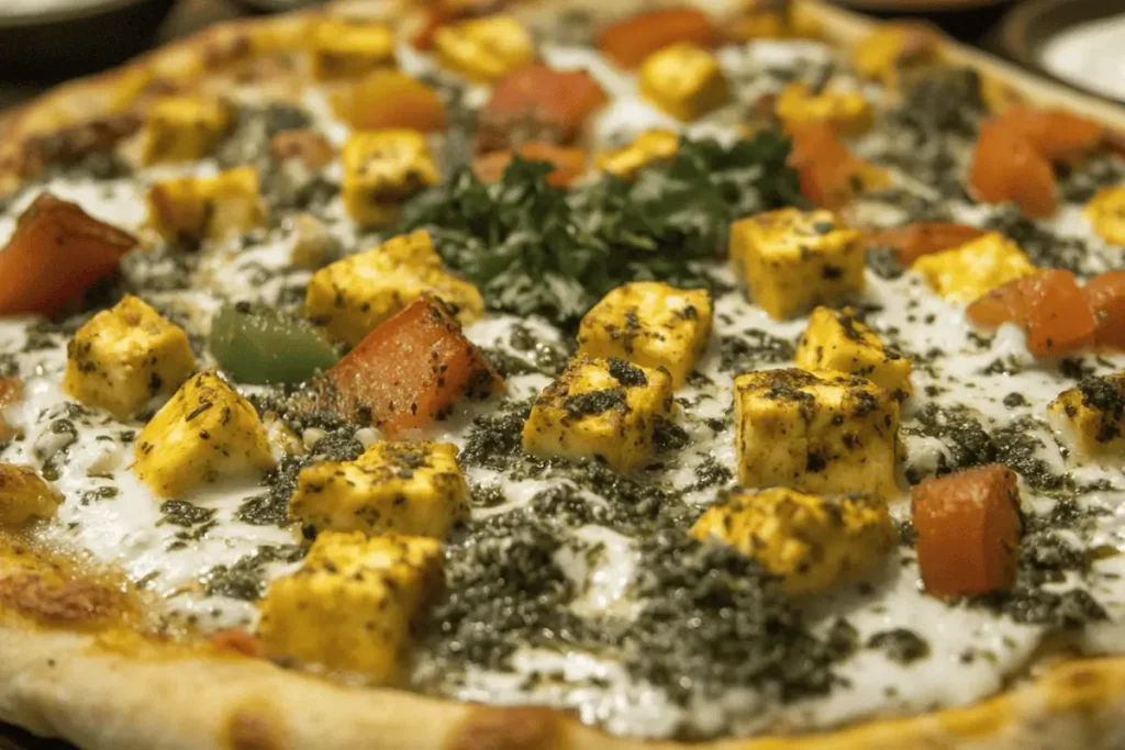Close-up of a freshly baked Desi pizza topped with paneer, bell peppers, and Indian spices on a wooden platter.