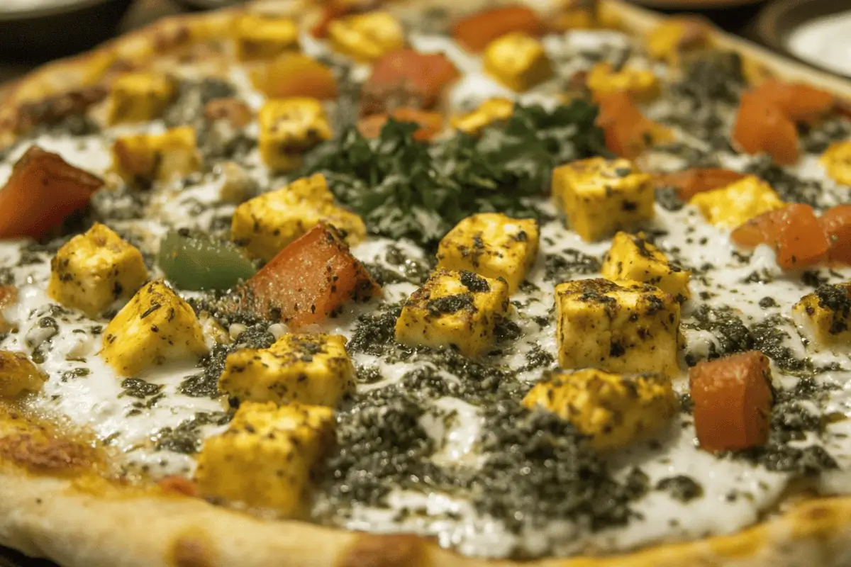 Close-up of a freshly baked Desi pizza topped with paneer, bell peppers, and Indian spices on a wooden platter.