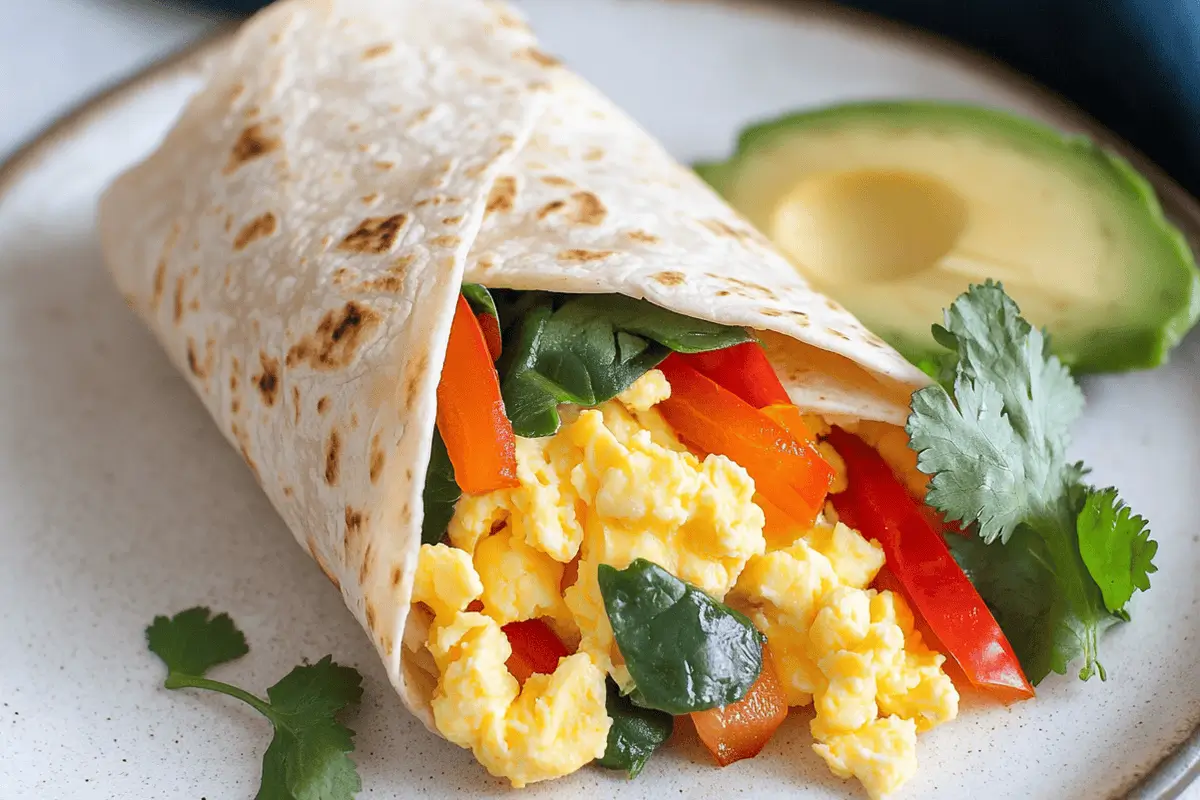 "Healthy egg burrito with scrambled eggs, vegetables, and avocado on a plate."