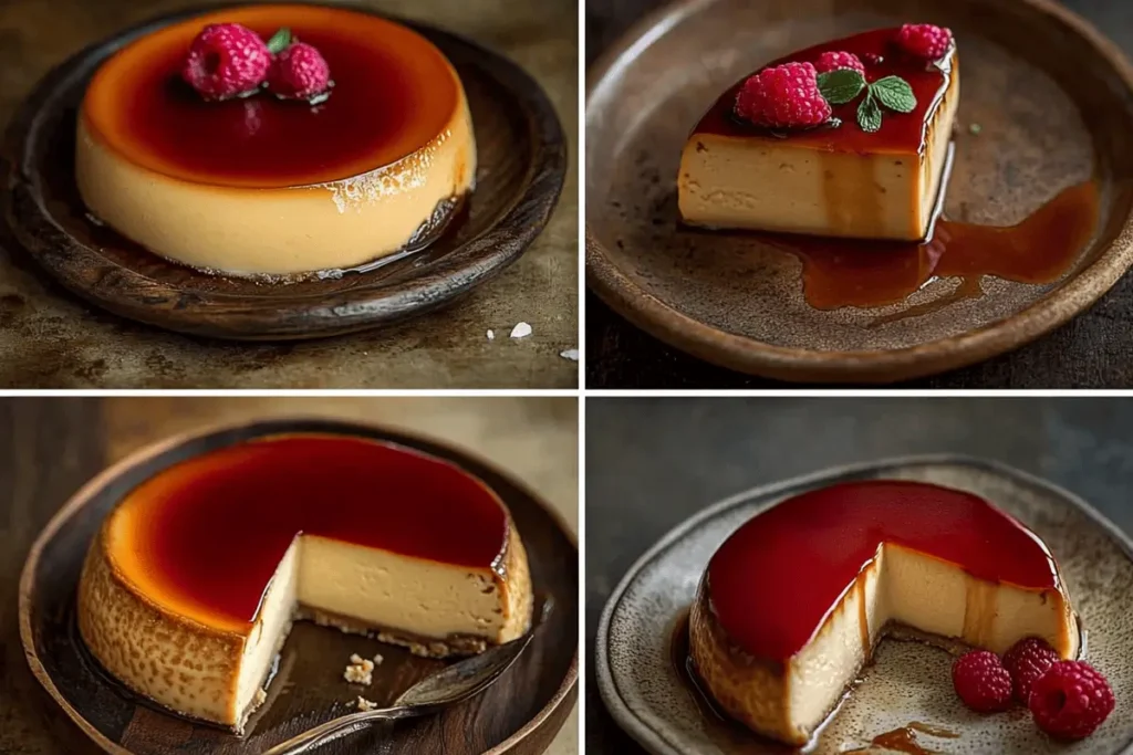 "Mexican flan and Puerto Rican flan side-by-side showcasing texture and caramel glaze on rustic plates."