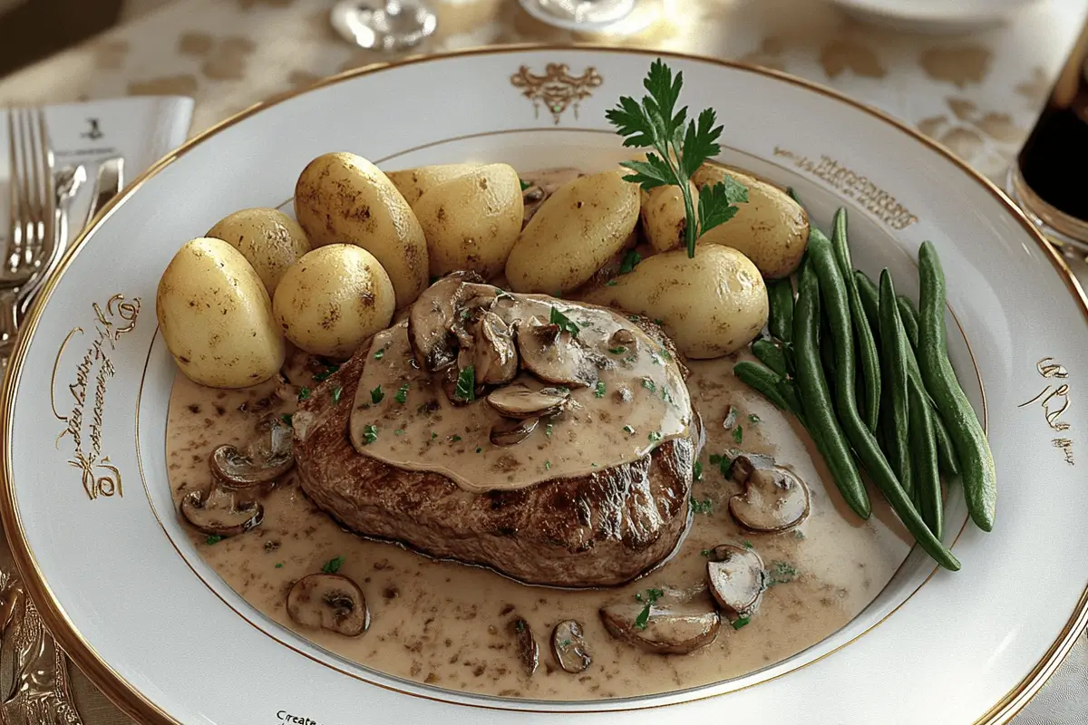 "Steak Diane with mushroom cognac sauce and roasted potatoes."