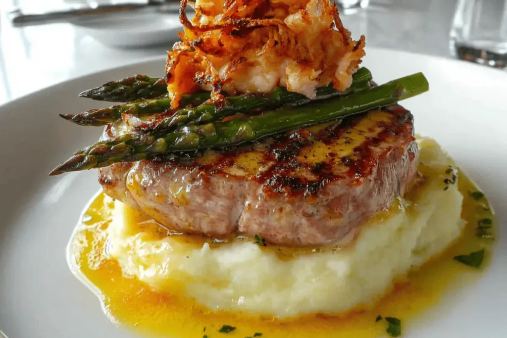 "Steak Oscar topped with crab meat, asparagus, and béarnaise sauce."