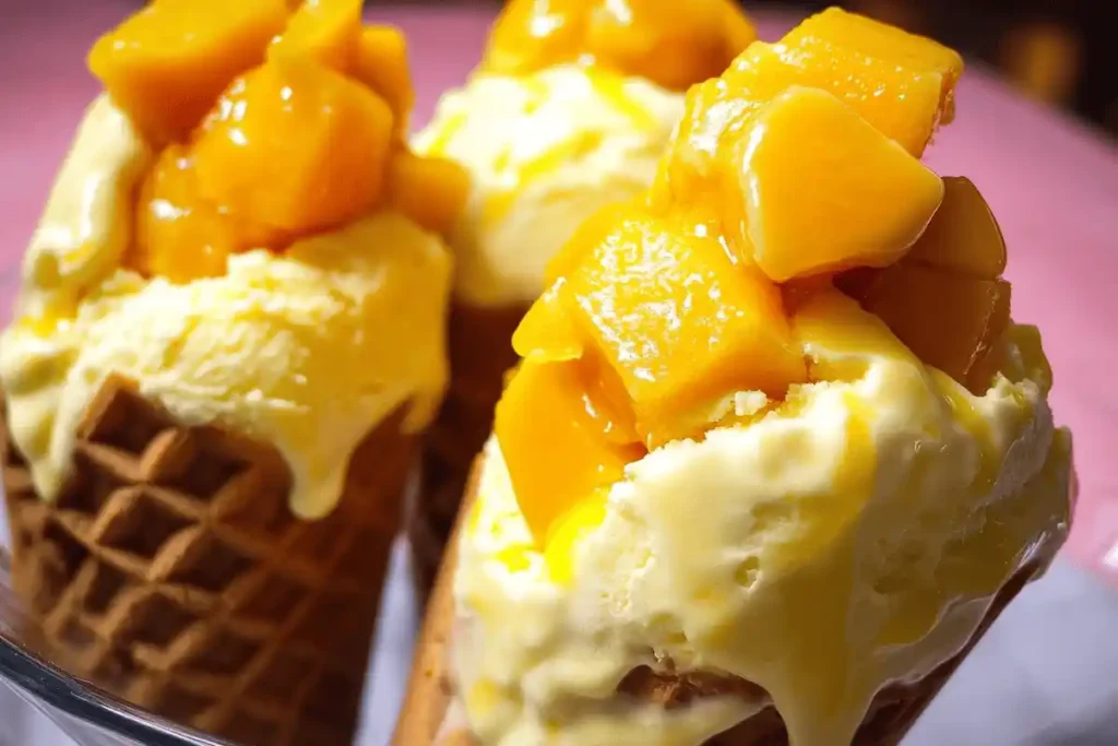 A scoop of mango cheesecake ice cream topped with fresh mango chunks and graham cracker crumbs.