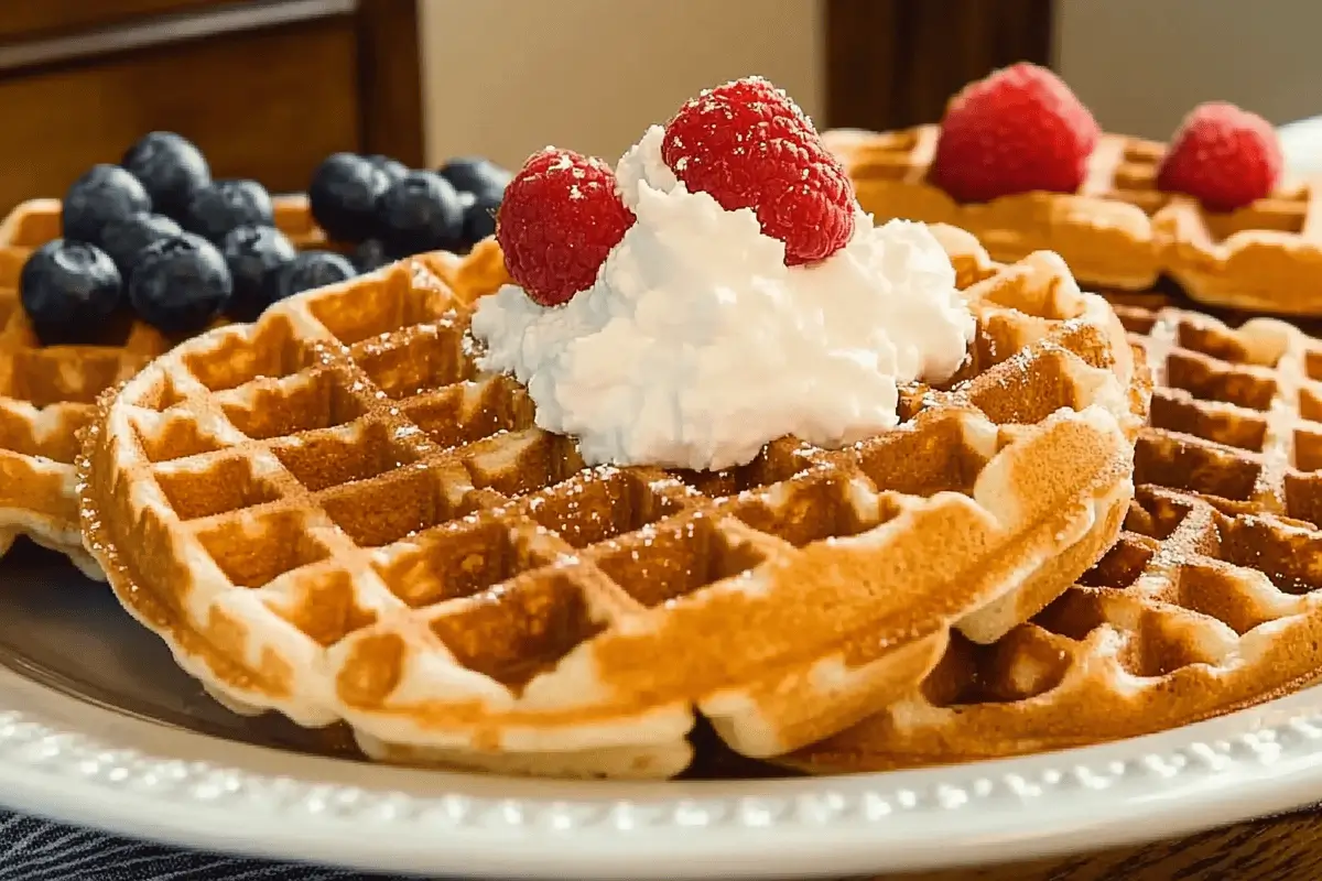 "Golden waffles topped with maple syrup, a classic topping choice for what Americans put on waffles."