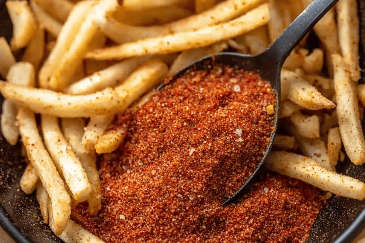 "Crispy French fries seasoned with salt, pepper, and paprika in a serving basket."