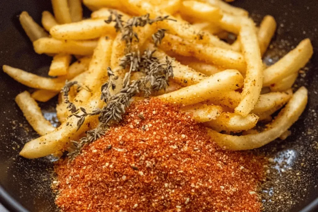 "Cajun-spiced fries on a plate with dipping sauce and spices in the background."