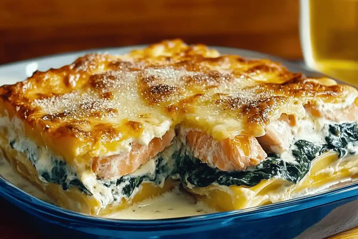 "A perfectly layered salmon and spinach lasagna with golden, bubbly cheese on top, served in a baking dish."