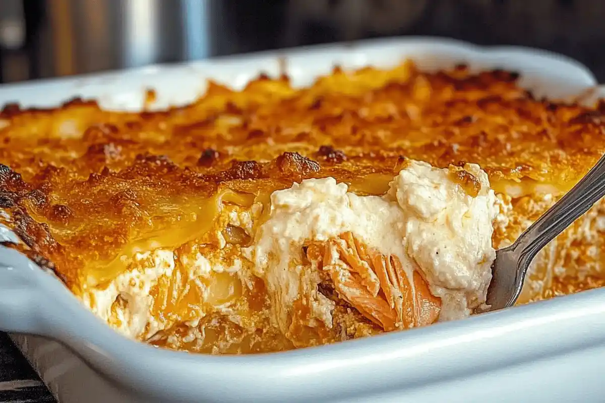 "A close-up of salmon lasagna, showcasing its creamy layers of pasta, tender salmon, and golden-brown cheesy topping, served with fresh parsley garnish."